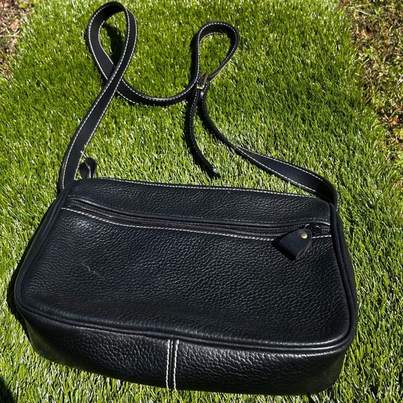 Vintage Medallion Black Leather Crossbody Bag with Gold Accent - Picture 3 of 6